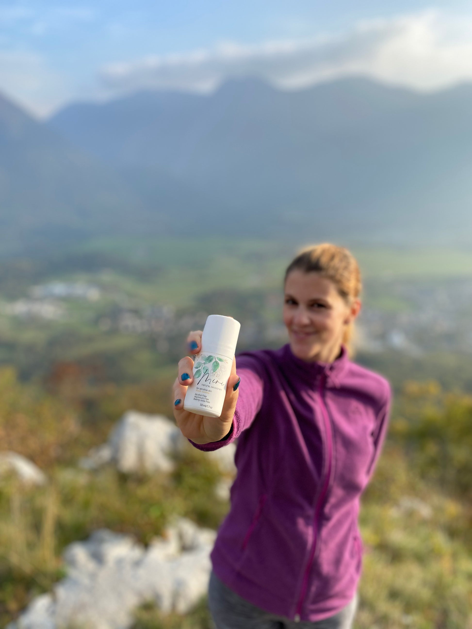 Miri natural deodorant Fresh Vanilla in the mountains.